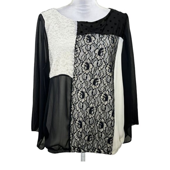 Style & Co Black White Lace Patchwork Blouse 0X Sheer Long Sleeve - Picture 1 of 10
